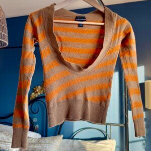 Club Monaco Y2K 100% Merino Wool Orange and Brown Striped Sweater